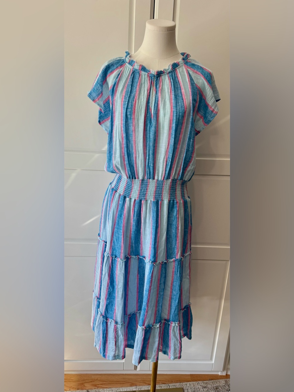 Rails Amellia Kona Striped Blue and Pink Tiered Midi Dress Linen Blend Large - Picture 9 of 13